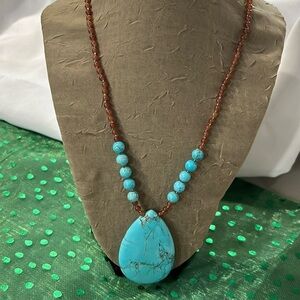 Amber Colored Beaded Necklace W/ Turquoise Tear Drop Pendant/Accents